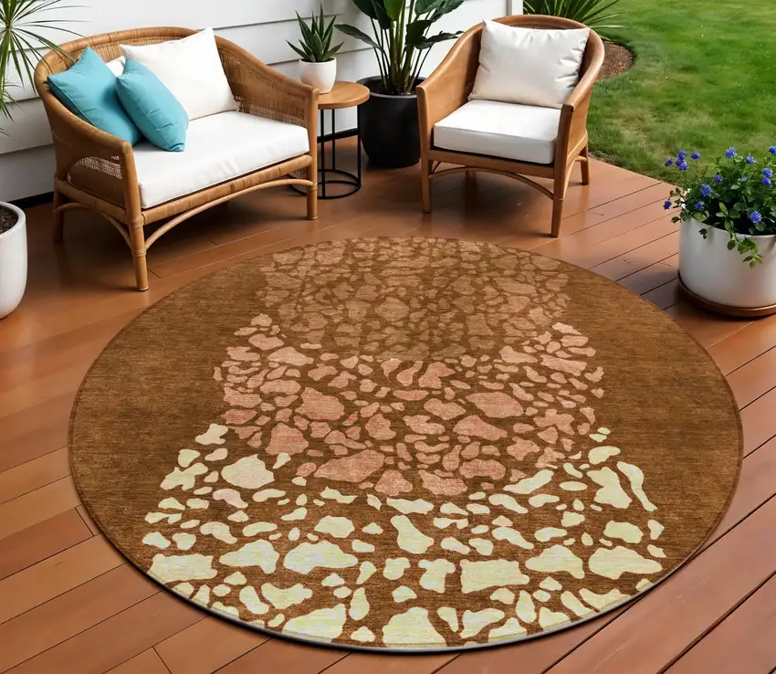 8' Orange Terra Cotta And Ivory Round Abstract Washable Indoor Outdoor Area Rug Photo 1