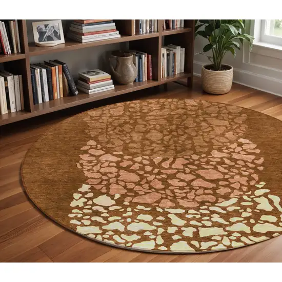 8' Orange Terra Cotta And Ivory Round Abstract Washable Indoor Outdoor Area Rug Photo 8