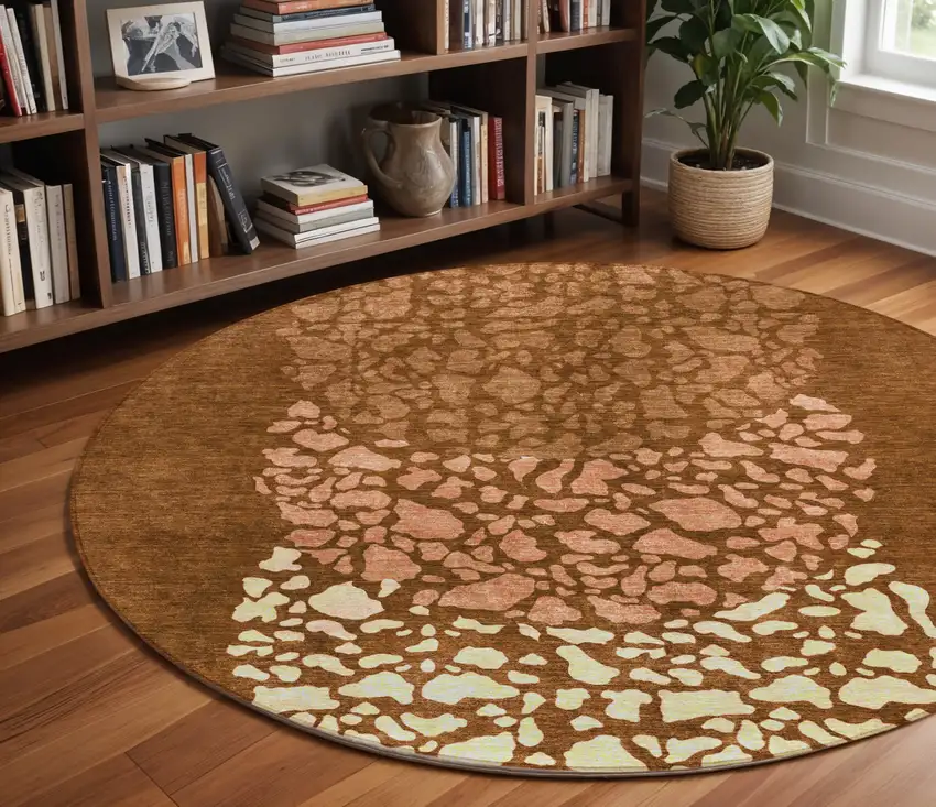 8' Orange Terra Cotta And Ivory Round Abstract Washable Indoor Outdoor Area Rug Photo 8