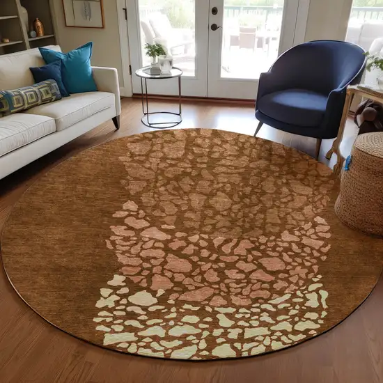 8' Orange Terra Cotta And Ivory Round Abstract Washable Indoor Outdoor Area Rug Photo 7