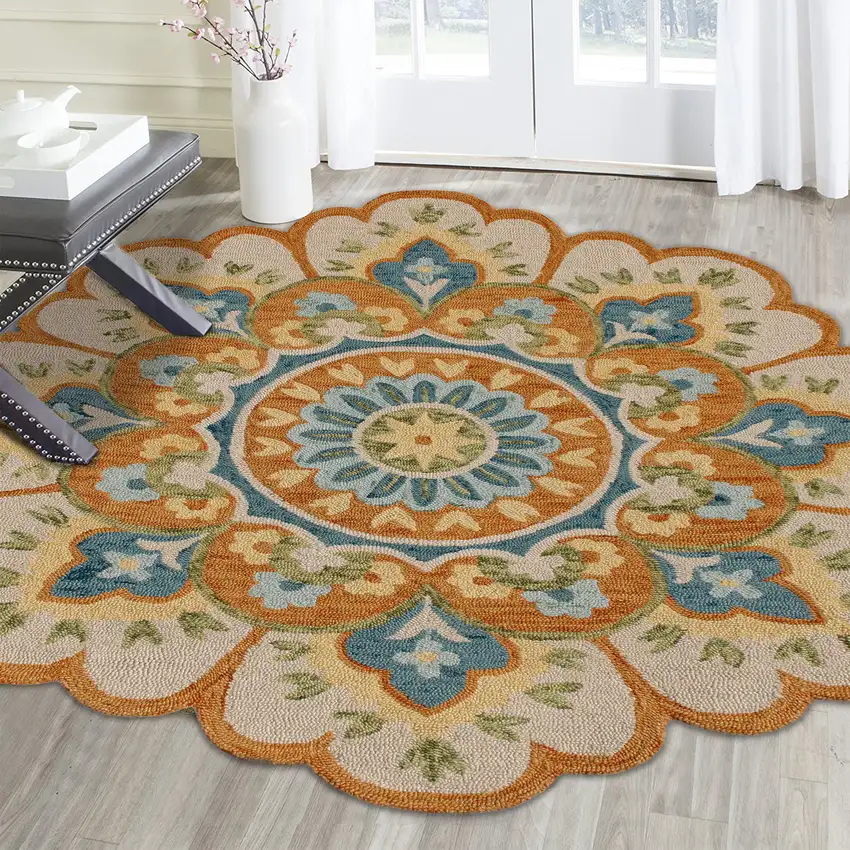 4' Orange and Blue Round Wool Floral Hand Tufted Area Rug Photo 6