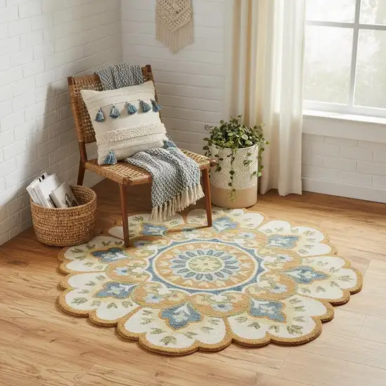 4' Orange and Blue Round Wool Floral Hand Tufted Area Rug Photo 1