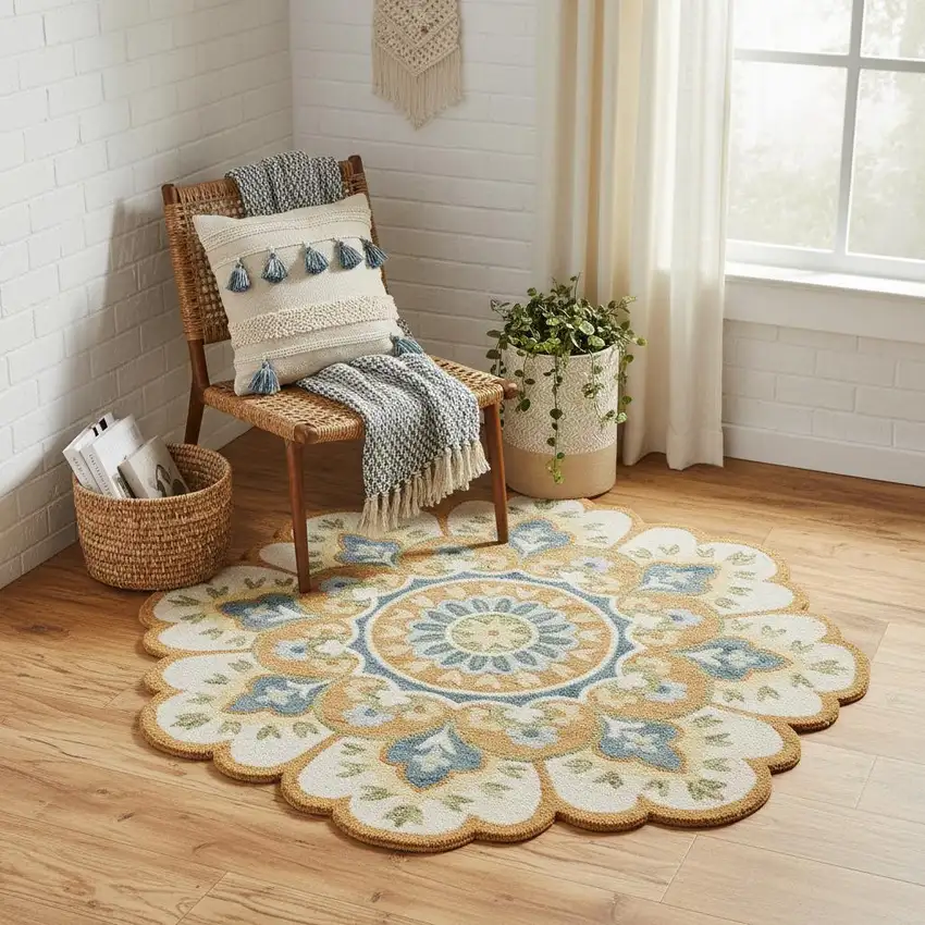 4' Orange and Blue Round Wool Floral Hand Tufted Area Rug Photo 1