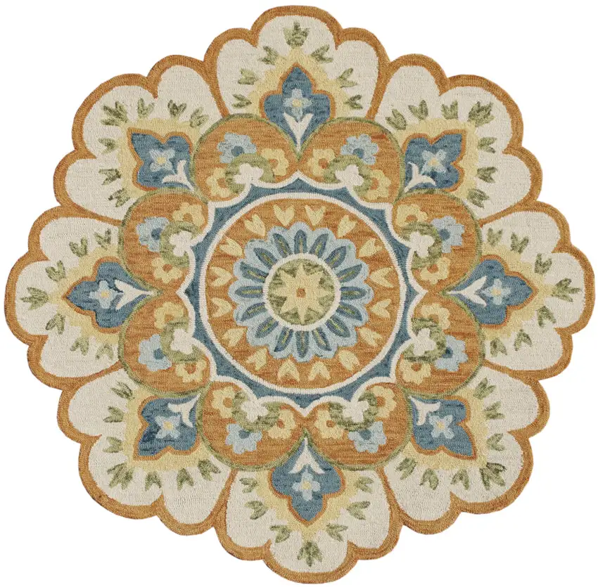 4' Orange and Blue Round Wool Floral Hand Tufted Area Rug Photo 3