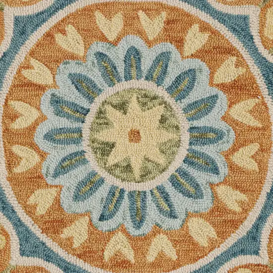 4' Orange and Blue Round Wool Floral Hand Tufted Area Rug Photo 8
