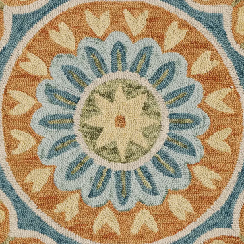 4' Orange and Blue Round Wool Floral Hand Tufted Area Rug Photo 8
