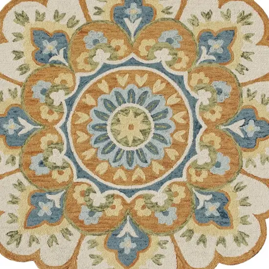 4' Orange and Blue Round Wool Floral Hand Tufted Area Rug Photo 4