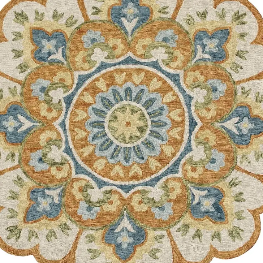 4' Orange and Blue Round Wool Floral Hand Tufted Area Rug Photo 4