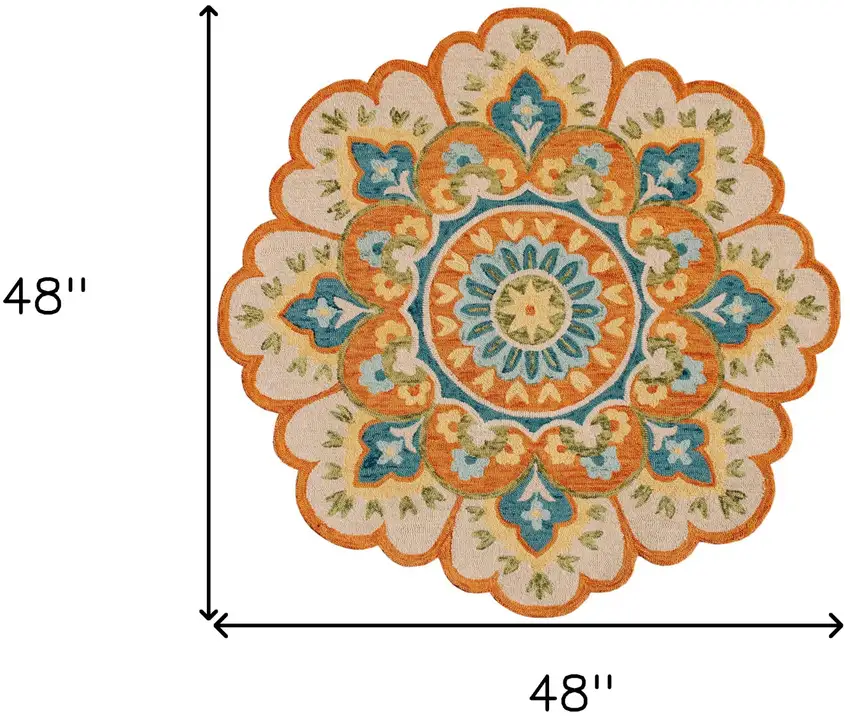 4' Orange and Blue Round Wool Floral Hand Tufted Area Rug Photo 3