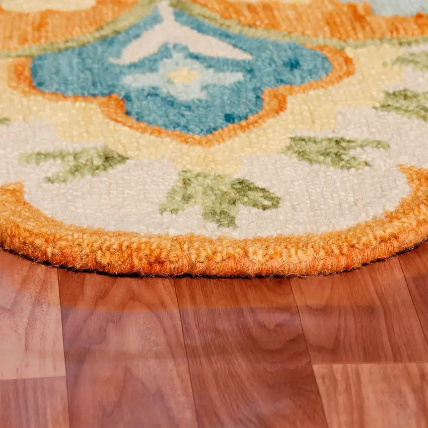 4' Orange and Blue Round Wool Floral Hand Tufted Area Rug Photo 7