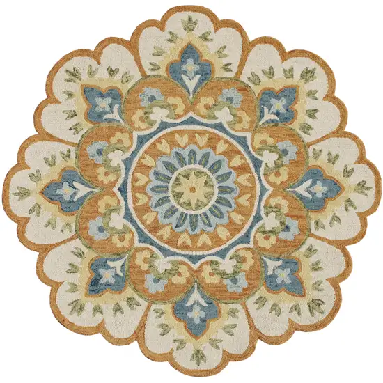 4' Orange and Blue Round Wool Floral Hand Tufted Area Rug Photo 2