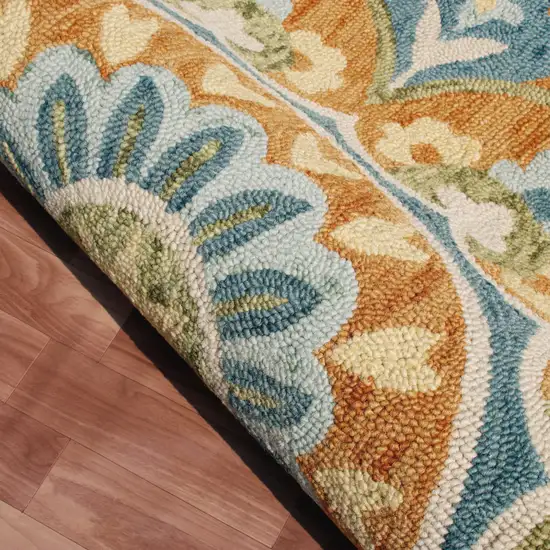 4' Orange and Blue Round Wool Floral Hand Tufted Area Rug Photo 9