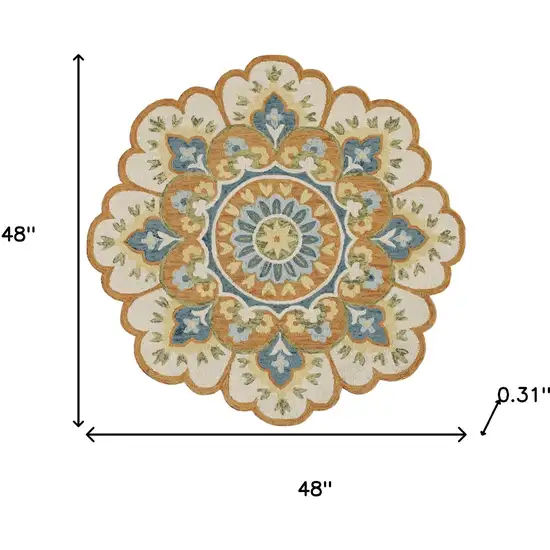 4' Orange and Blue Round Wool Floral Hand Tufted Area Rug Photo 3