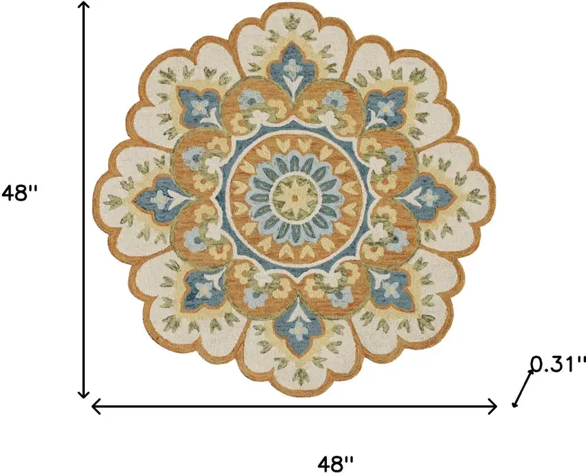 4' Orange and Blue Round Wool Floral Hand Tufted Area Rug Photo 3