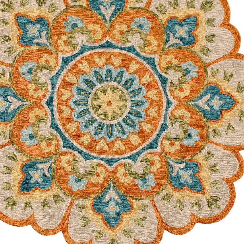 4' Orange and Blue Round Wool Floral Hand Tufted Area Rug Photo 7