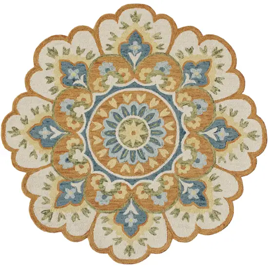 6' Orange and Blue Round Wool Floral Hand Tufted Area Rug Photo 5