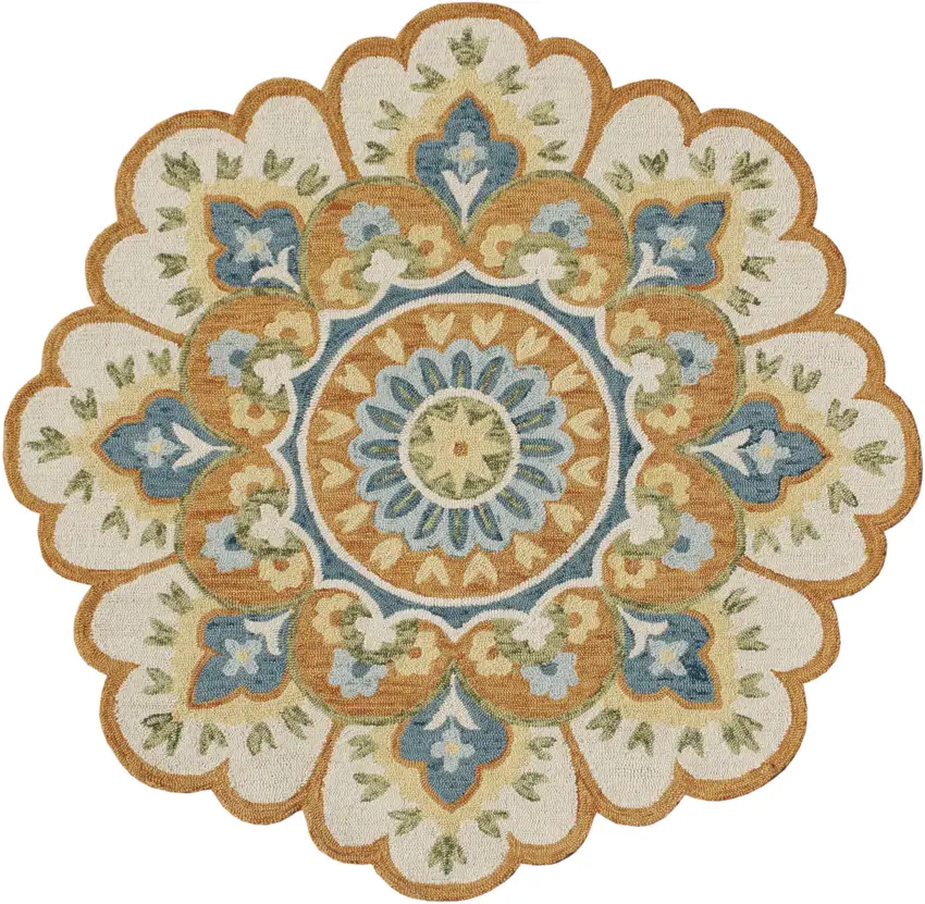 6' Orange and Blue Round Wool Floral Hand Tufted Area Rug Photo 5