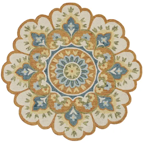 6' Orange and Blue Round Wool Floral Hand Tufted Area Rug Photo 3