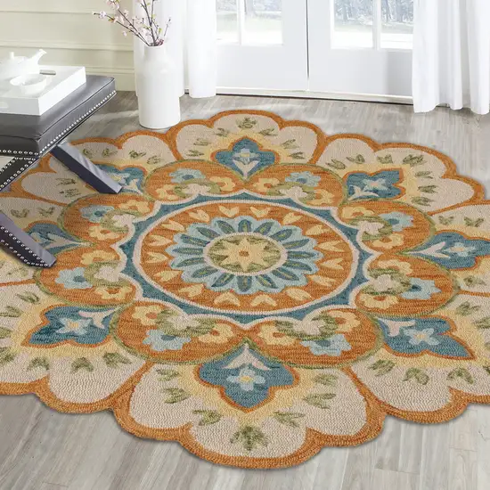 6' Orange and Blue Round Wool Floral Hand Tufted Area Rug Photo 5