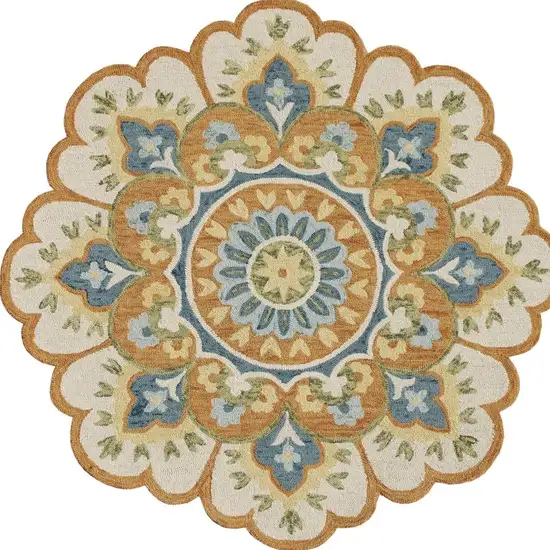 6' Orange and Blue Round Wool Floral Hand Tufted Area Rug Photo 4