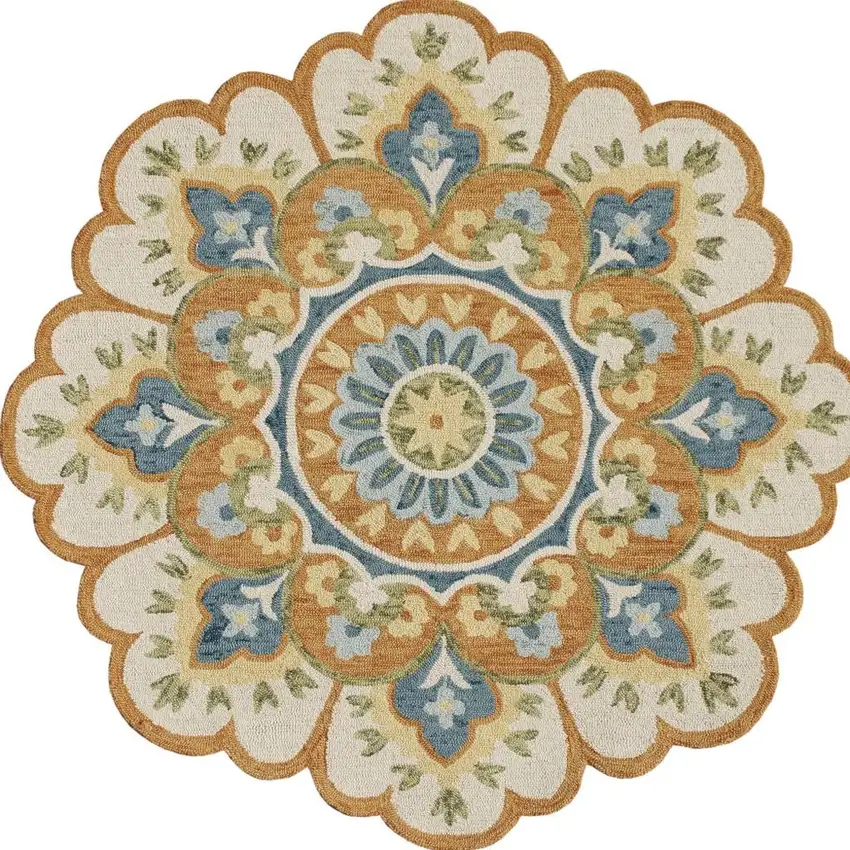 6' Orange and Blue Round Wool Floral Hand Tufted Area Rug Photo 4