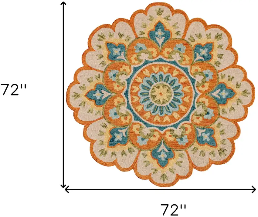 6' Orange and Blue Round Wool Floral Hand Tufted Area Rug Photo 3