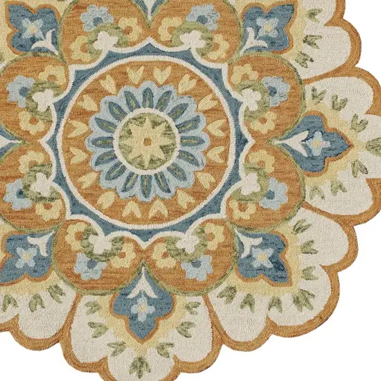 6' Orange and Blue Round Wool Floral Hand Tufted Area Rug Photo 4