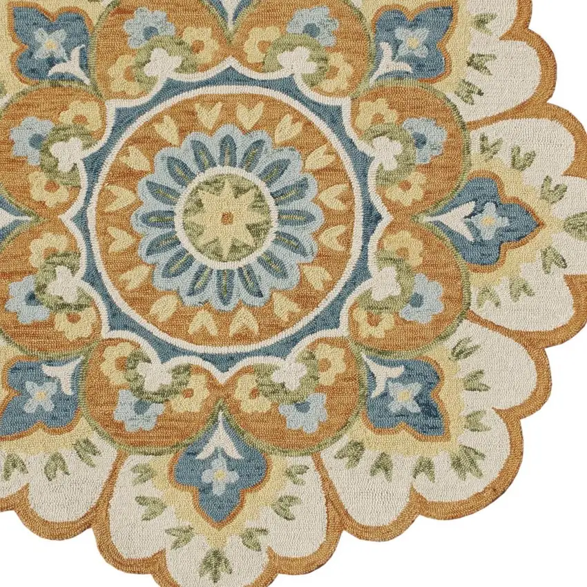 6' Orange and Blue Round Wool Floral Hand Tufted Area Rug Photo 4