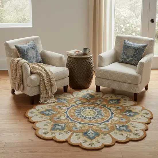 6' Orange and Blue Round Wool Floral Hand Tufted Area Rug Photo 1