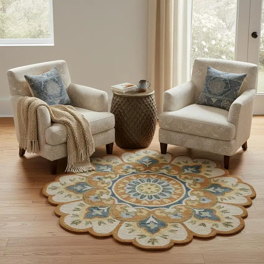 6' Orange and Blue Round Wool Floral Hand Tufted Area Rug Photo 1