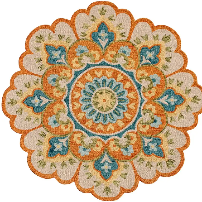 6' Orange and Blue Round Wool Floral Hand Tufted Area Rug Photo 9