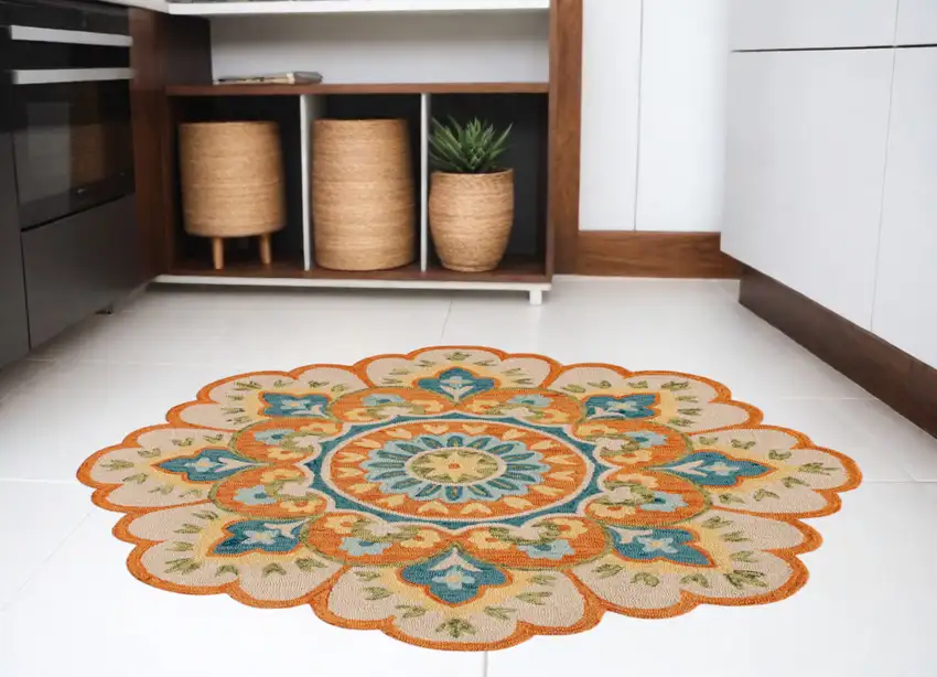 6' Orange and Blue Round Wool Floral Hand Tufted Area Rug Photo 1