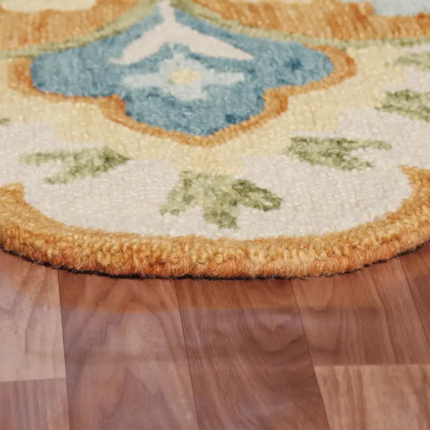 6' Orange and Blue Round Wool Floral Hand Tufted Area Rug Photo 9