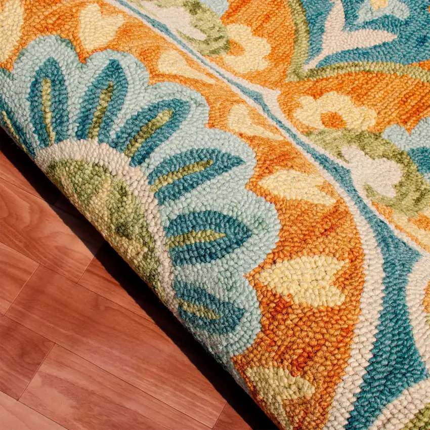 6' Orange and Blue Round Wool Floral Hand Tufted Area Rug Photo 4