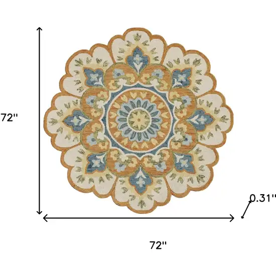 6' Orange and Blue Round Wool Floral Hand Tufted Area Rug Photo 3