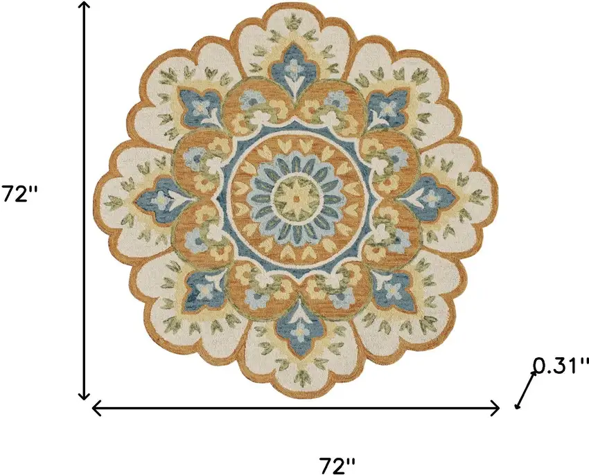 6' Orange and Blue Round Wool Floral Hand Tufted Area Rug Photo 3