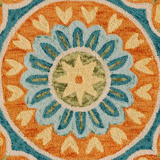 6' Orange and Blue Round Wool Floral Hand Tufted Area Rug Photo 9