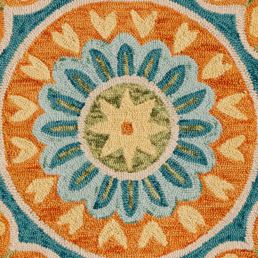 6' Orange and Blue Round Wool Floral Hand Tufted Area Rug Photo 9