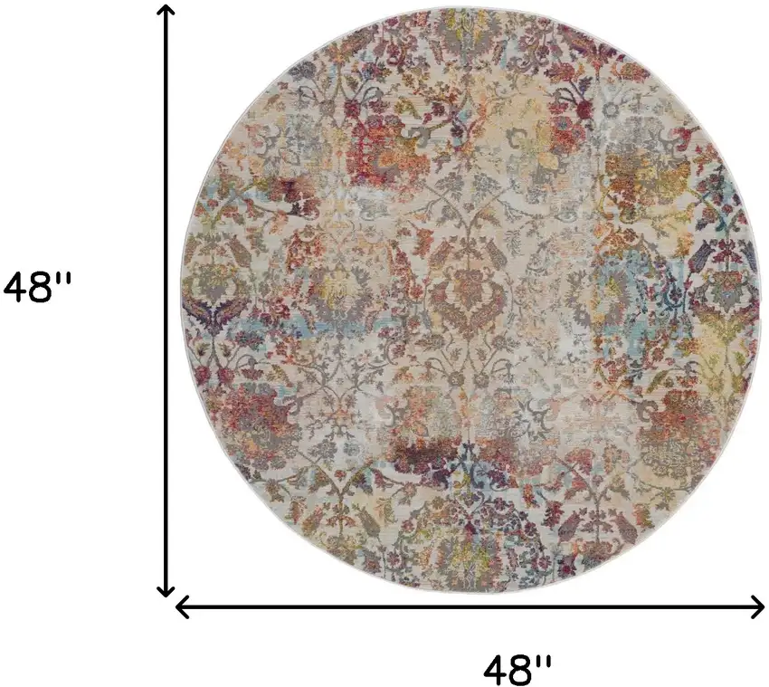 4' Orange and Ivory Floral Distressed Non Skid Round Rug Photo 3
