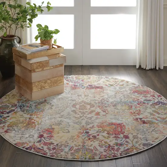 4' Orange and Ivory Floral Distressed Non Skid Round Rug Photo 5