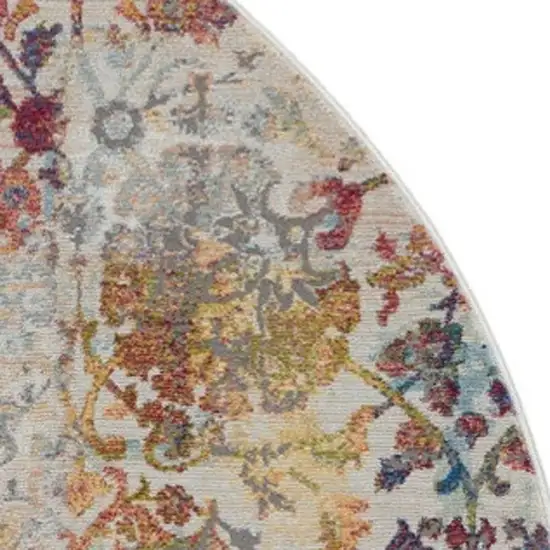4' Orange and Ivory Floral Distressed Non Skid Round Rug Photo 7