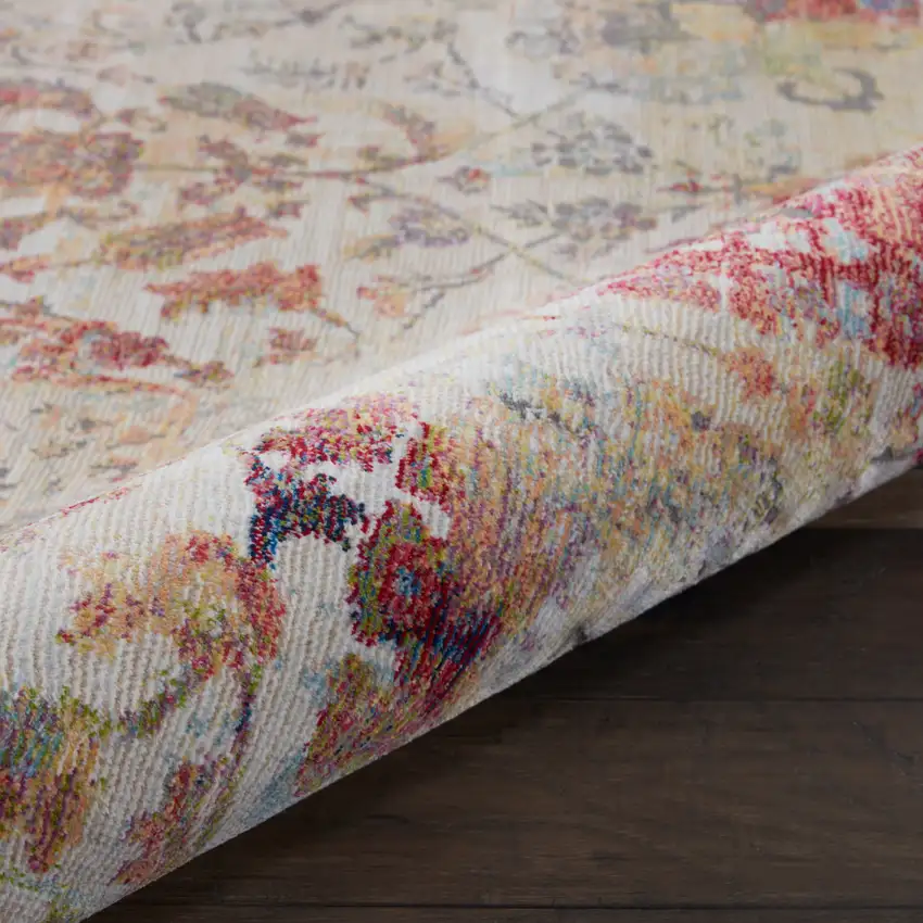 4' Orange and Ivory Floral Distressed Non Skid Round Rug Photo 8