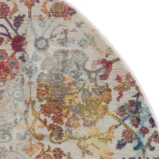 4' Orange and Ivory Floral Distressed Non Skid Round Rug Photo 3