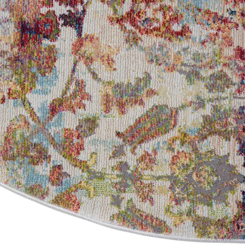 4' Orange and Ivory Floral Distressed Non Skid Round Rug Photo 9