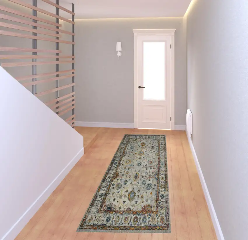 8' Orange and Ivory Floral Power Loom Runner Rug Photo 3