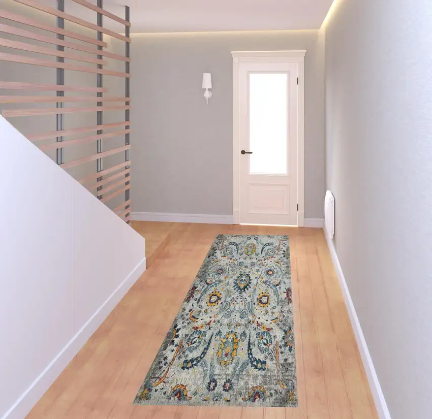 8' Orange and Ivory Floral Power Loom Runner Rug Photo 2