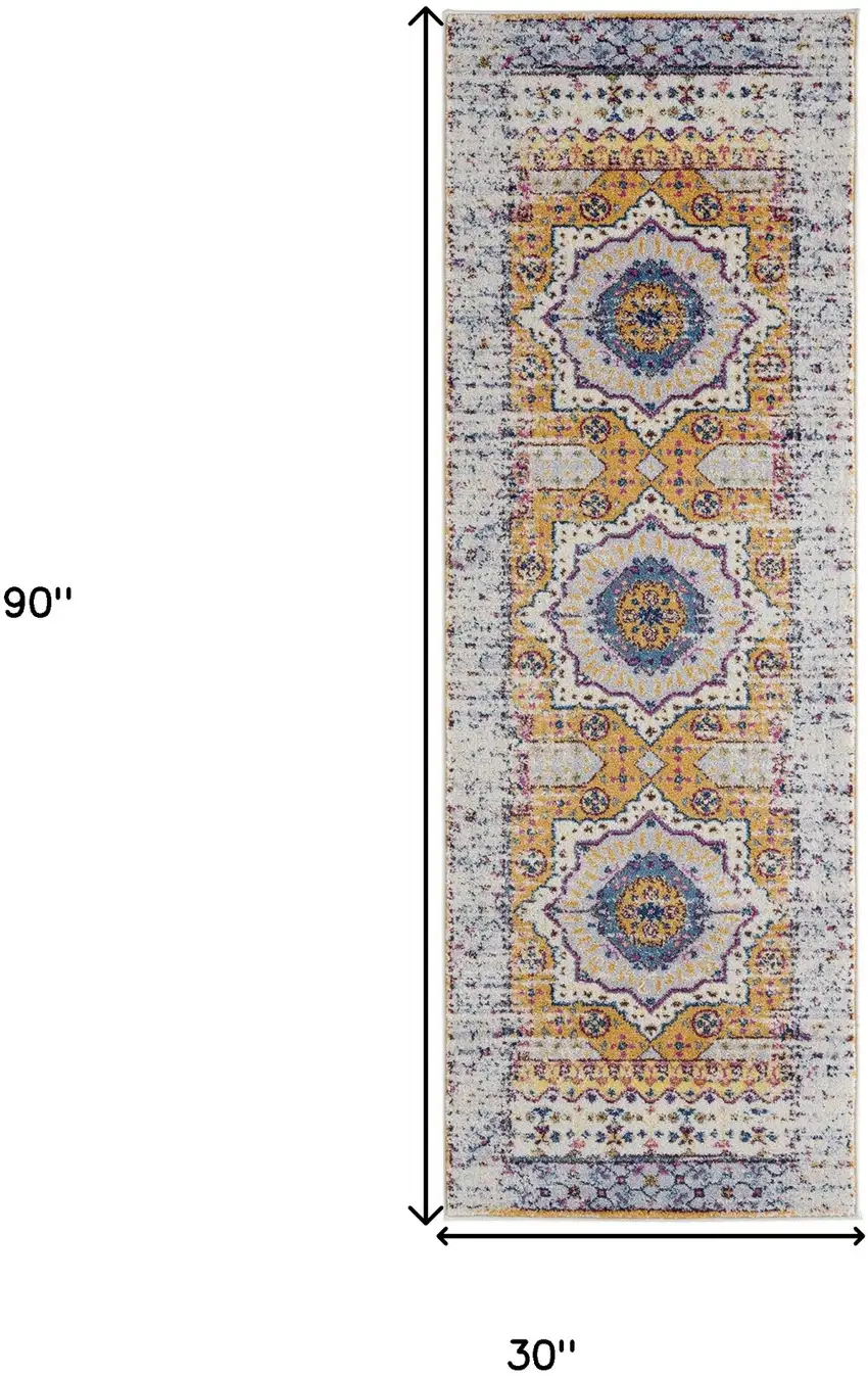 7' Orange and Ivory Medallion Power Loom Runner Rug Photo 7