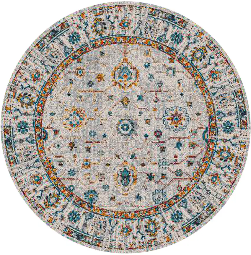 7' Orange and Ivory Round Floral Power Loom Area Rug Photo 1