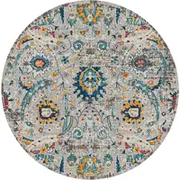 Photo of 7' Orange and Ivory Round Floral Power Loom Area Rug