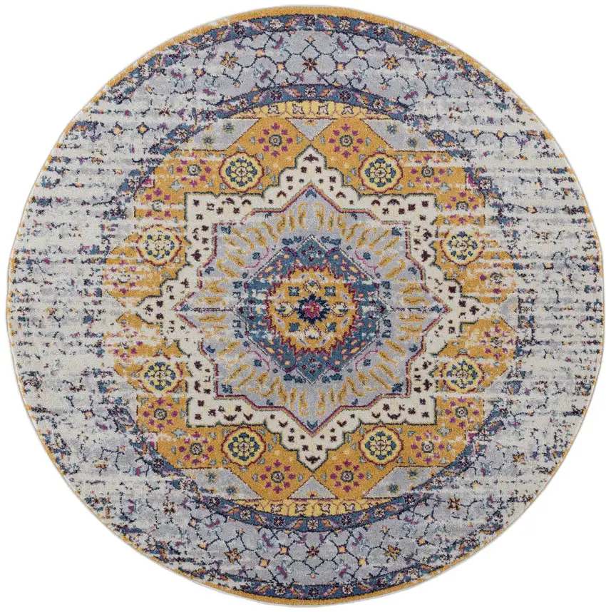 6' Orange and Ivory Round Medallion Power Loom Area Rug Photo 1